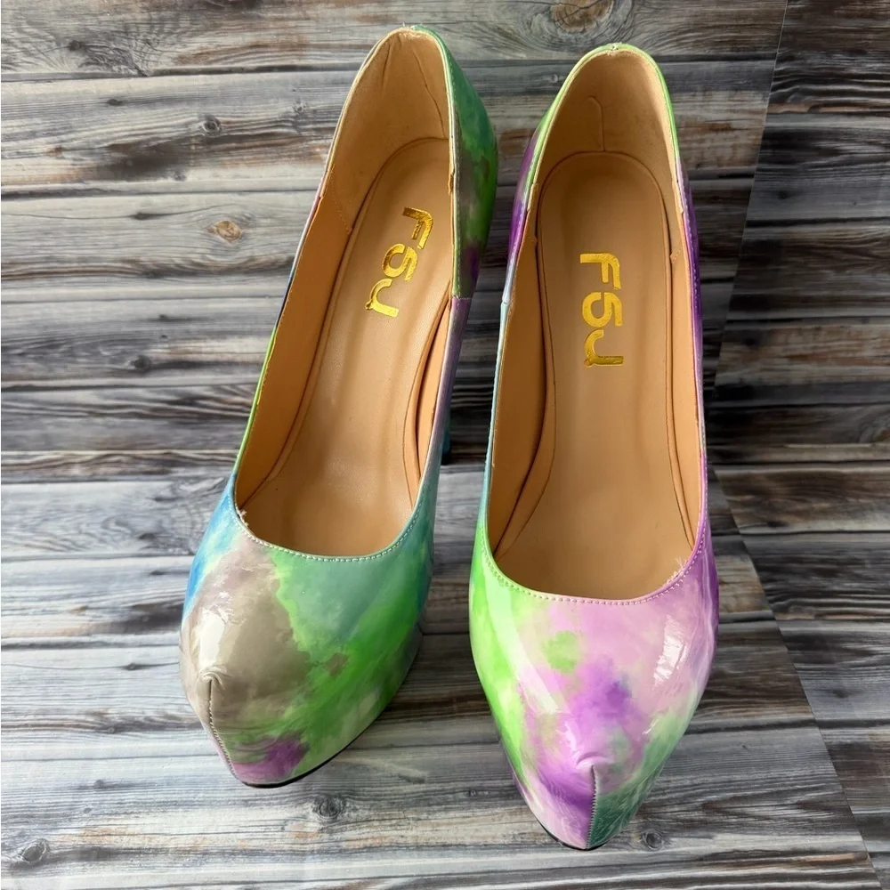 FSJ Colorful Dye Print Pumps Platform Stiletto Heels